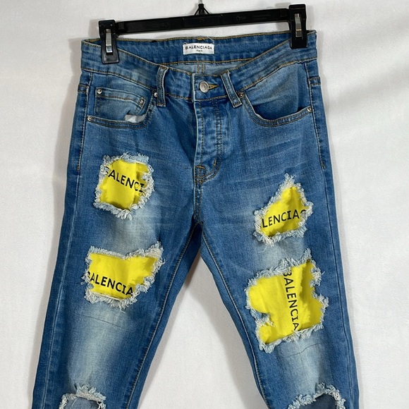 Balenciaga Paris Jeans Size 29 Yellow Tape Destructed Style - Picture 2 of 12